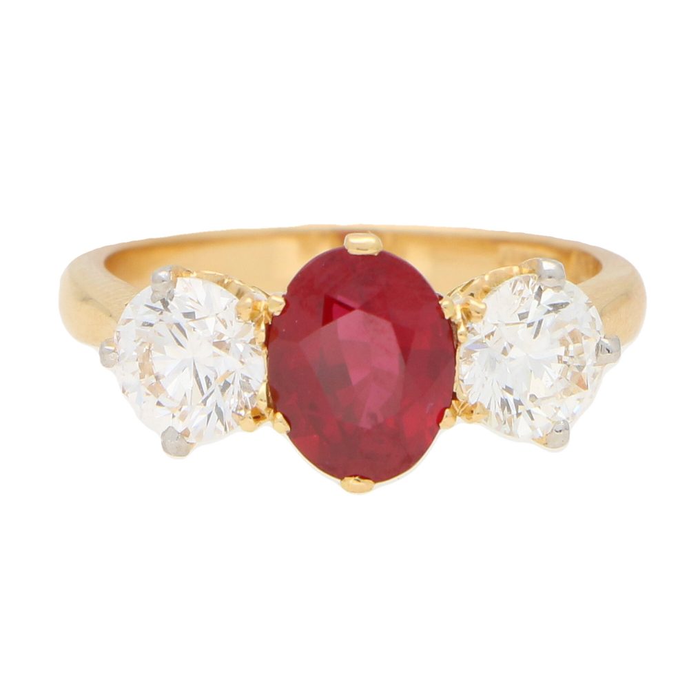 Ruby and Diamond Three-Stone Ring in Yellow Gold