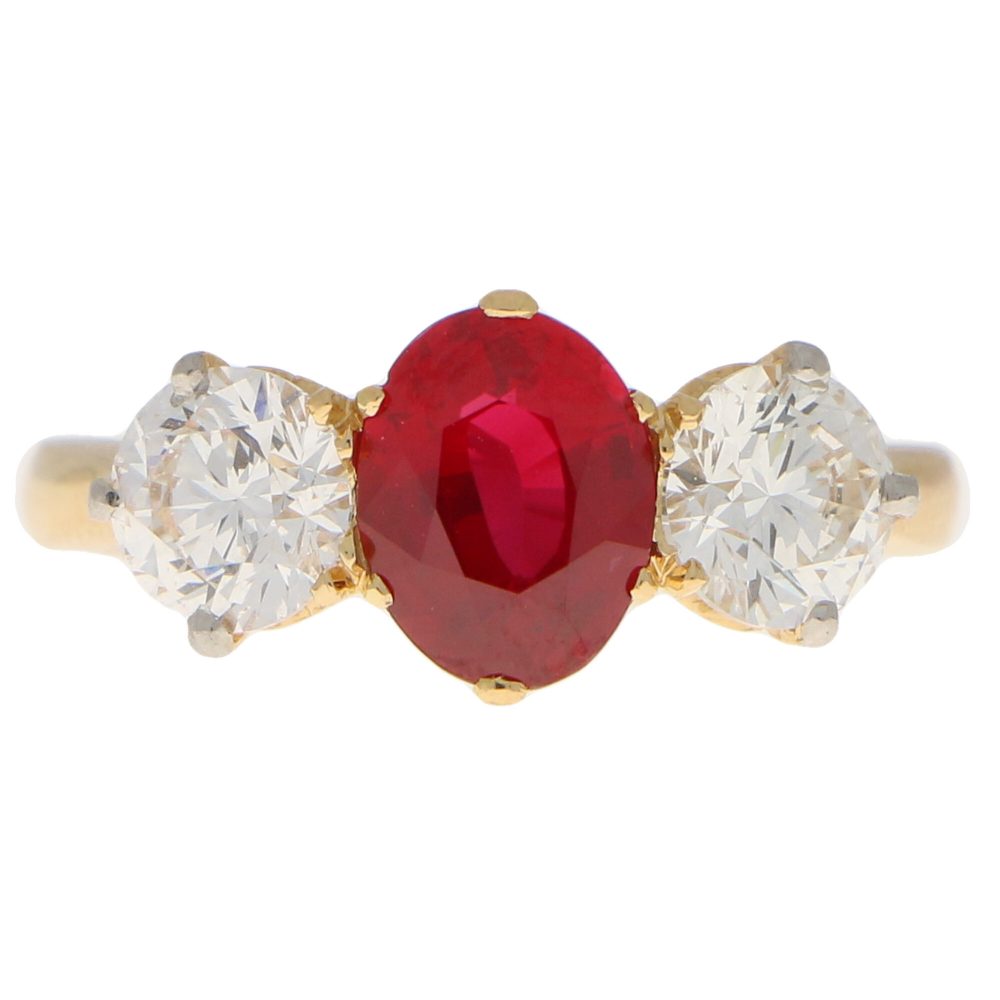 Ruby and Diamond Three-Stone Ring in Yellow Gold