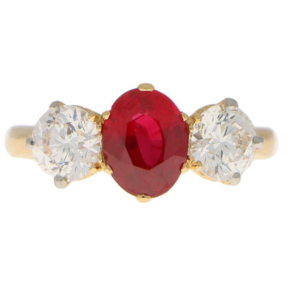 Ruby and Diamond Three-Stone Ring in Yellow Gold