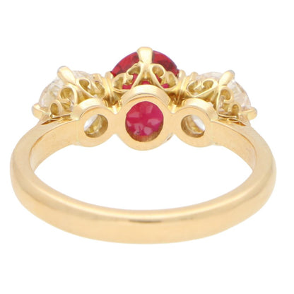 Ruby and Diamond Three-Stone Ring in Yellow Gold