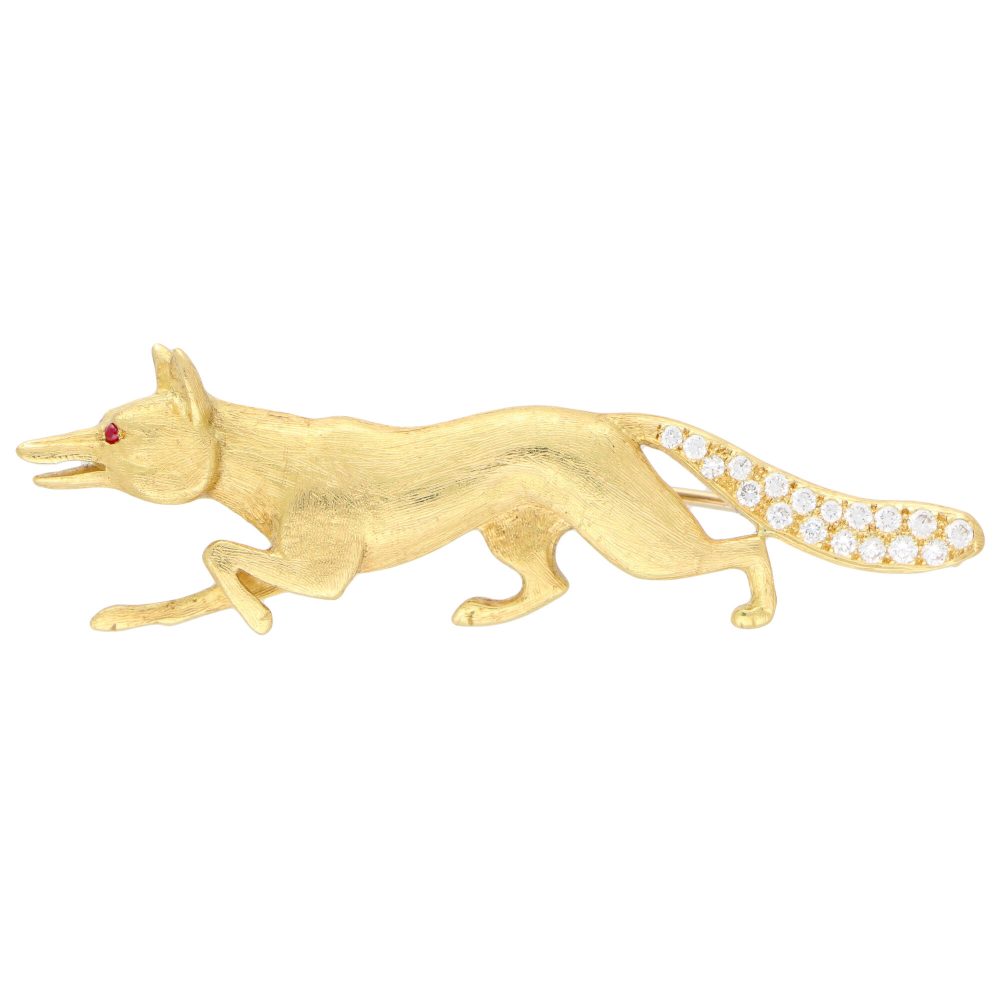Gold Fox Brooch with Diamond and Rubies; walking fox crafted in textured yellow gold with pave set round brilliant cut diamond tail and two round cabochon-cut ruby eyes