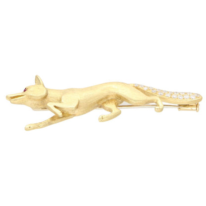 Yellow Gold Fox Brooch with Diamond Tail and Ruby Eyes