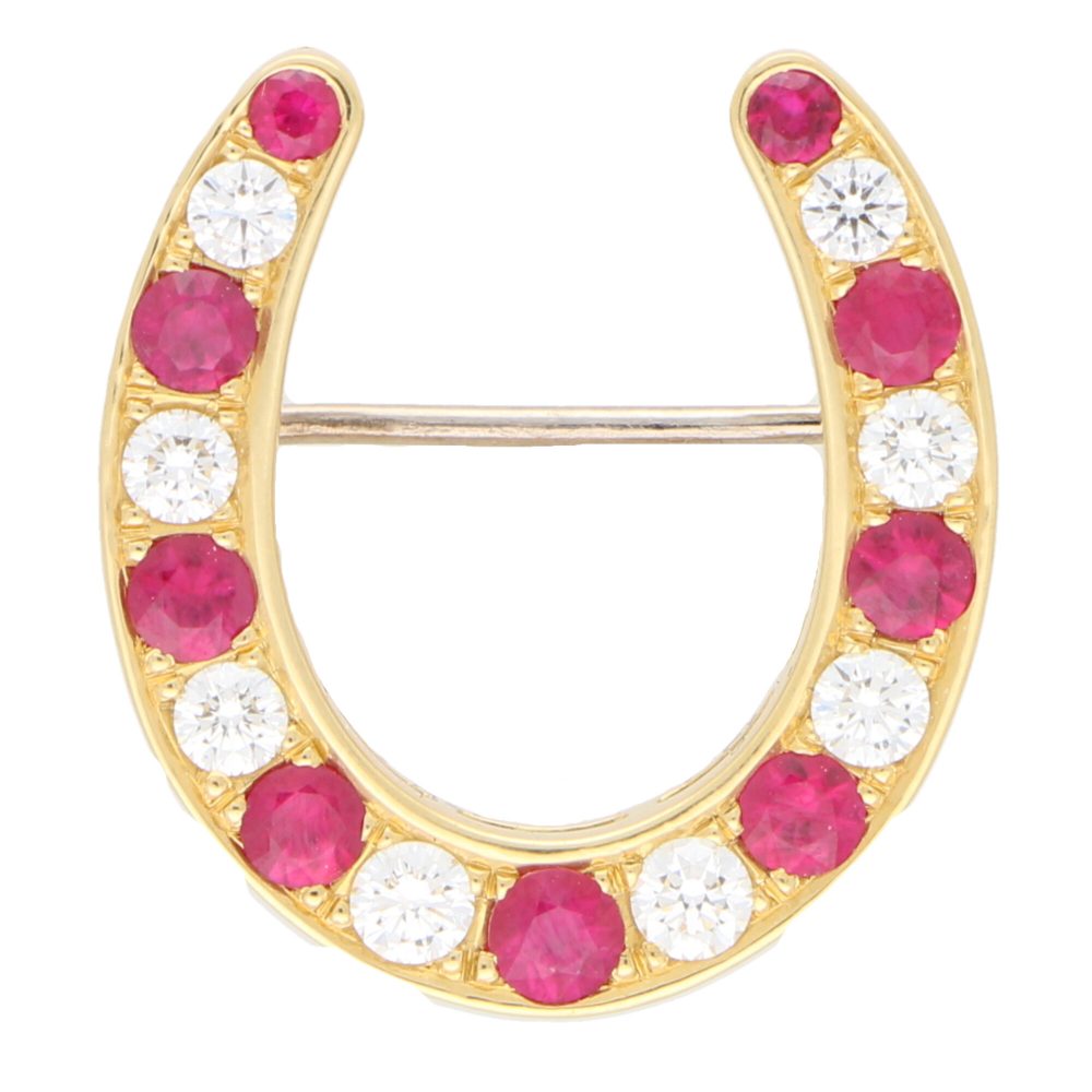 Ruby and Diamond Lucky Horseshoe Brooch in 18ct Yellow Gold