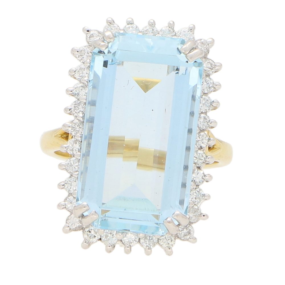 Contemporary 10ct Aquamarine and Diamond Cluster Cocktail Ring