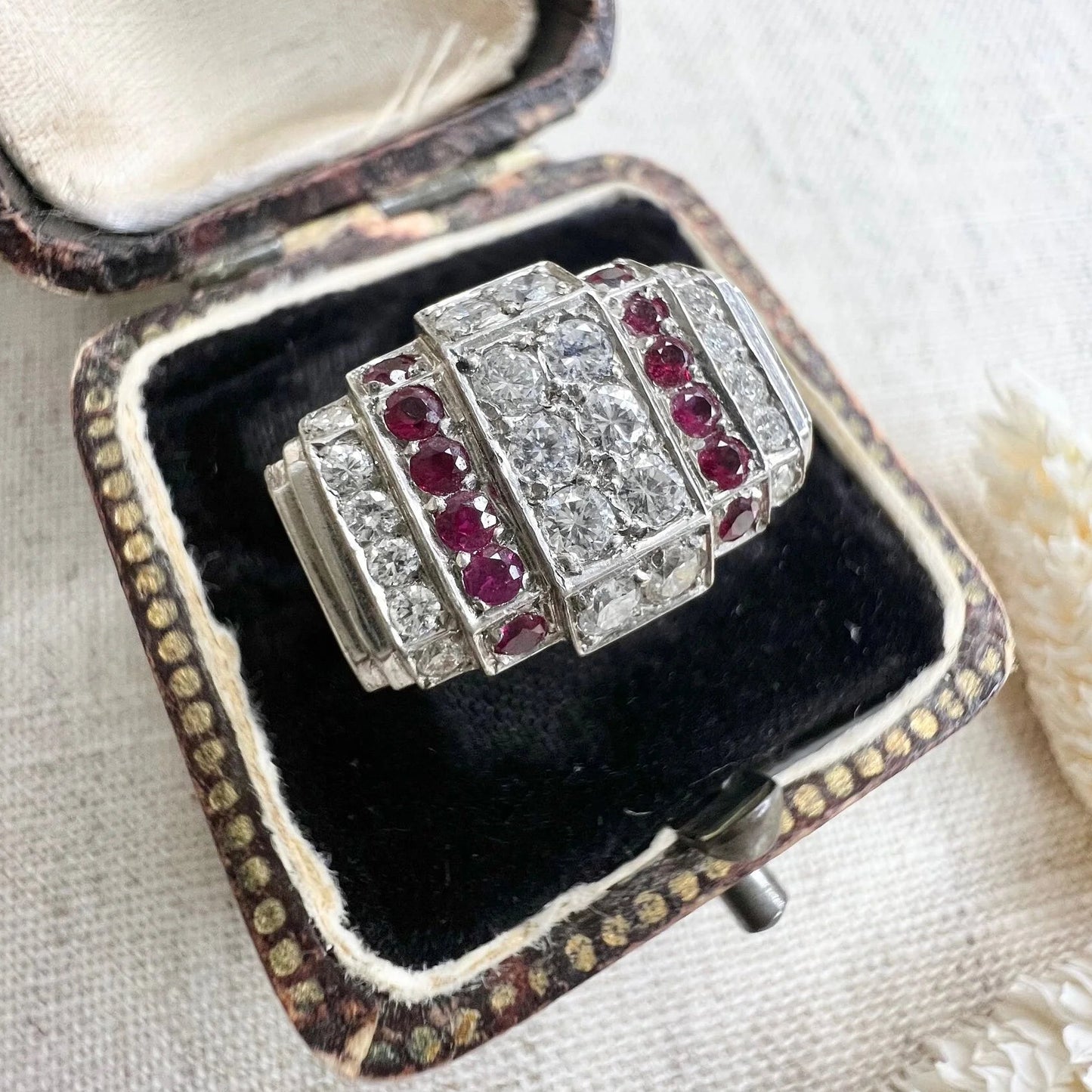 Art Deco Ruby and Diamond Plaque Cluster Tank Ring in Platinum