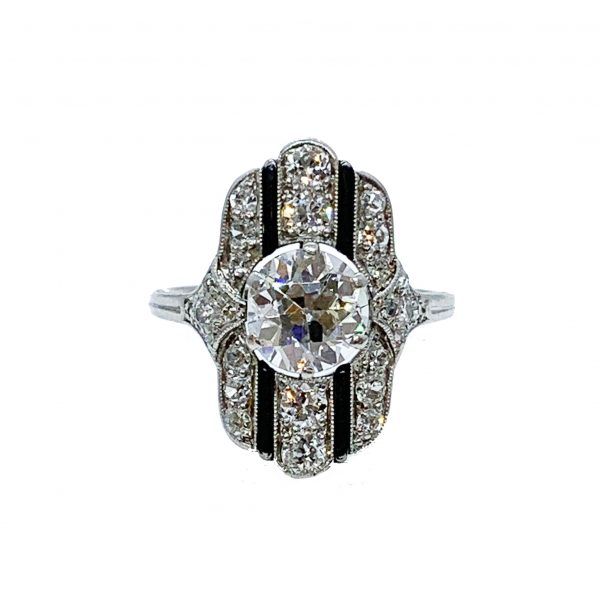 Art Deco diamond onyx ring plaque dinner long platinum Old European cut