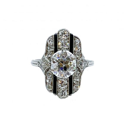 Art Deco diamond onyx ring plaque dinner long platinum Old European cut