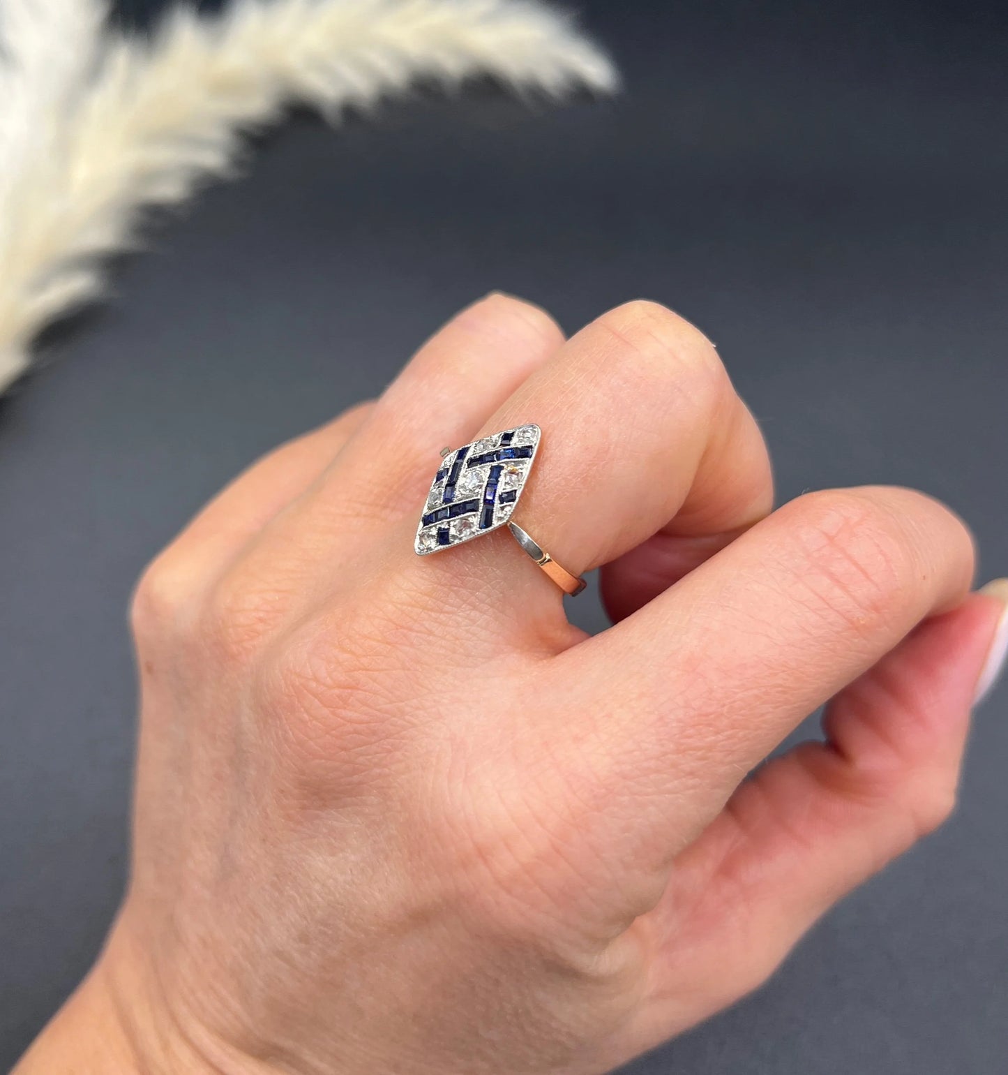 Antique 18 Carat Gold And Platinum Art Deco Sapphire And Diamond Marquise Ring
