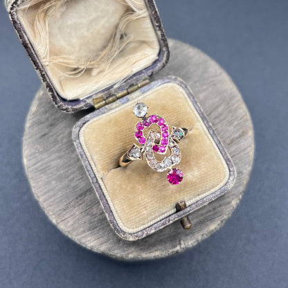 Victorian Antique Ruby and Diamond Double Heart Ring in 15ct Rose Gold