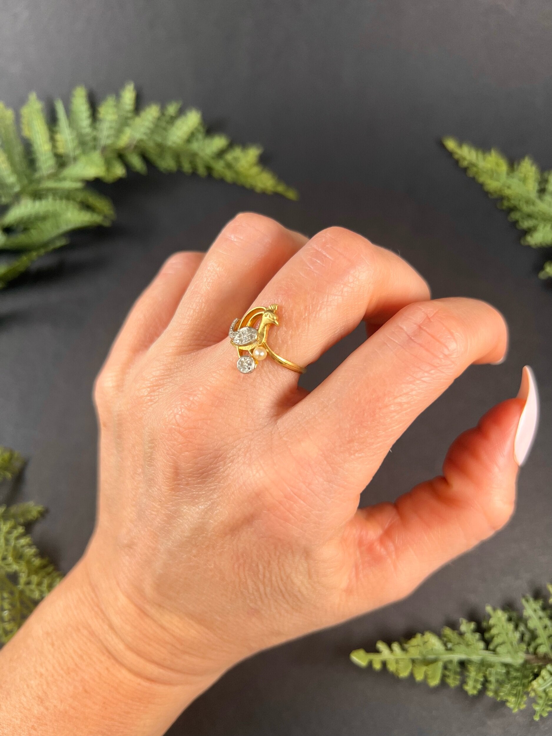 Art Nouveau 18 Carat Gold Old Cut Diamond and Natural Pearl Peacock Bird Ring