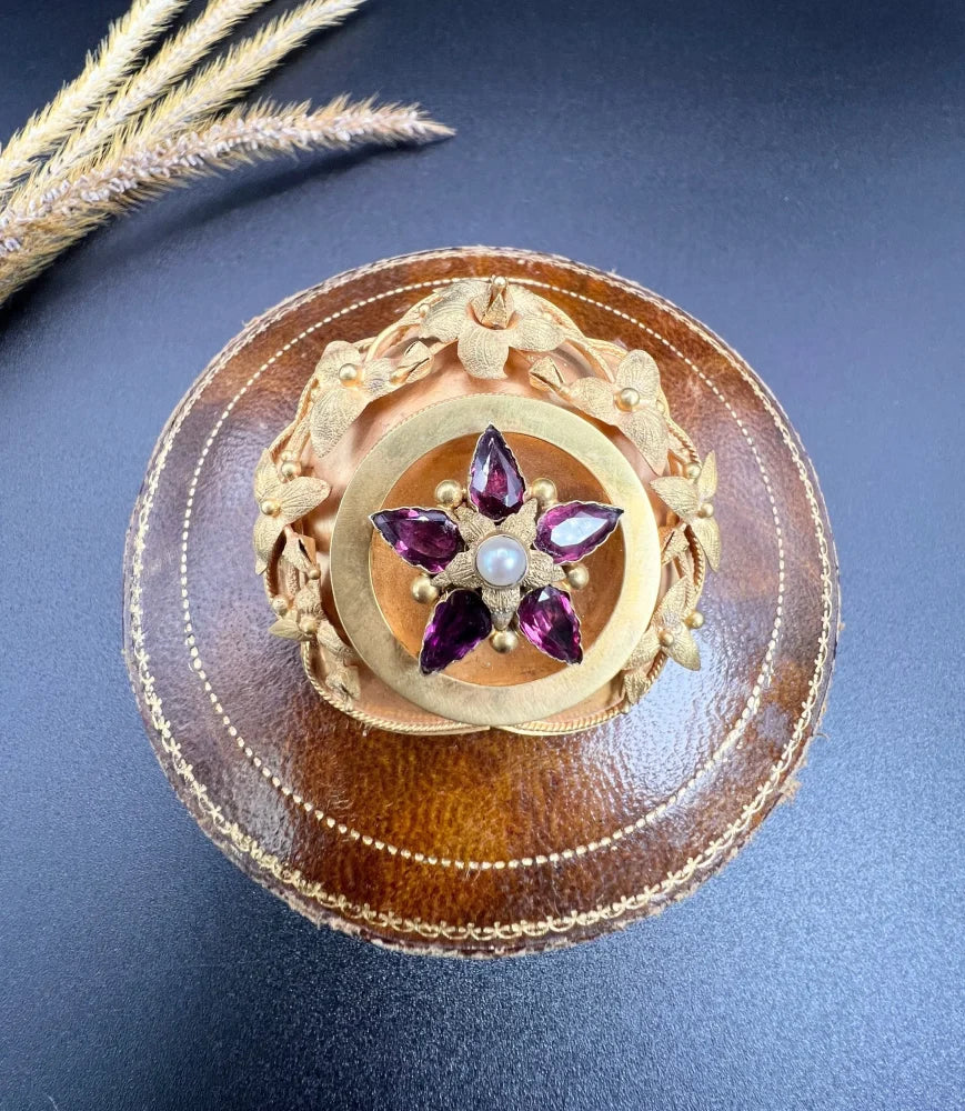 Antique Floral Etruscan Brooch In 15 Carat Yellow Gold