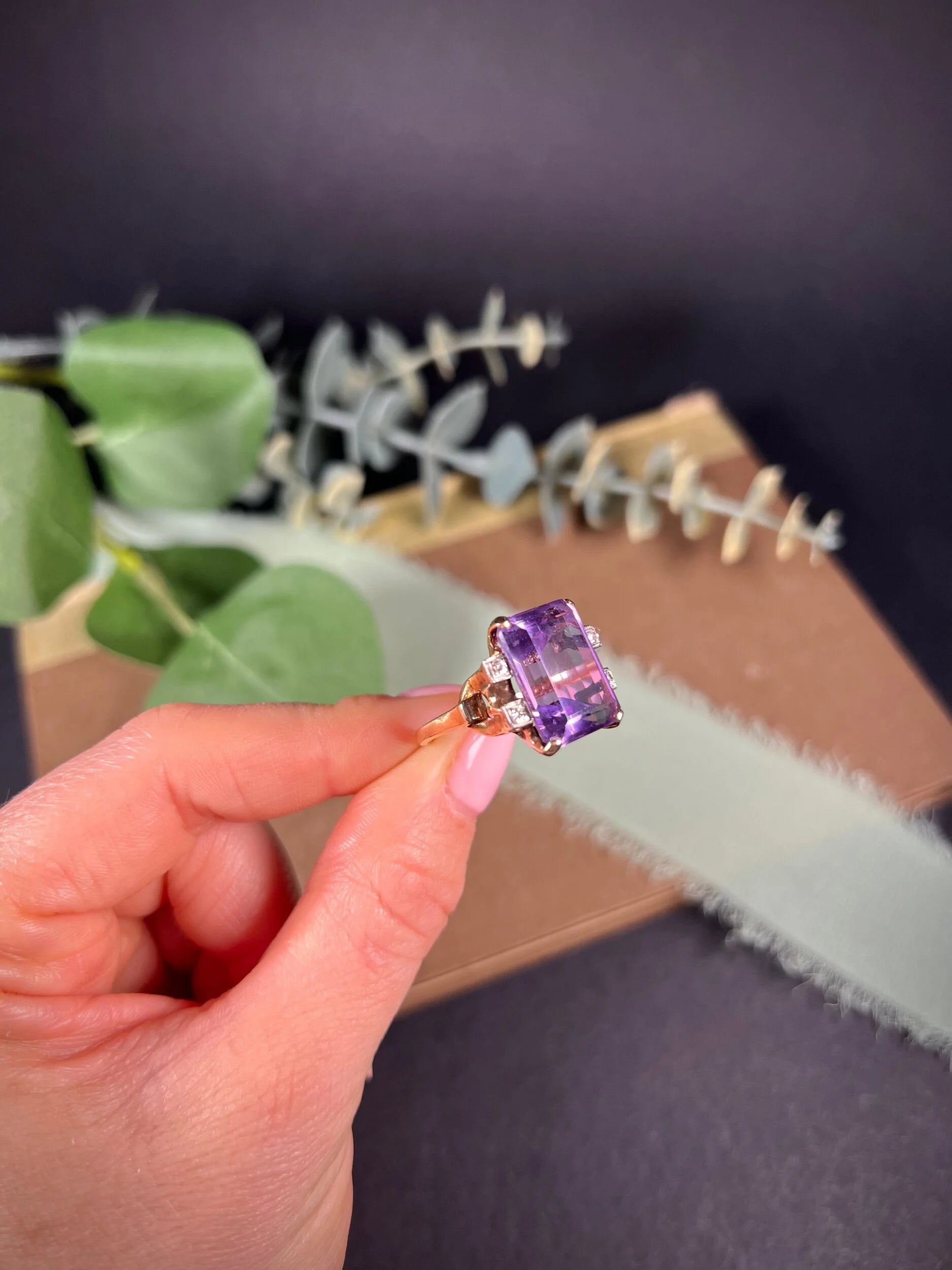 Vintage 14 Carat Gold Large Amethyst and Diamond Cocktail Ring, Circa 1960