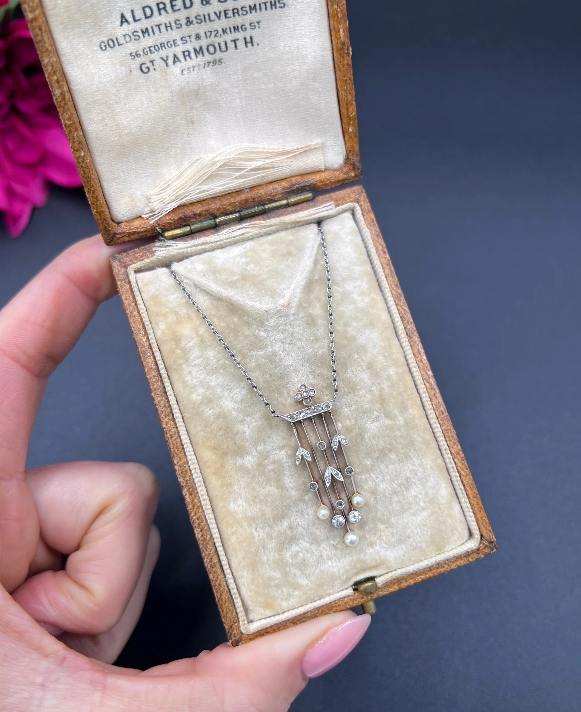 Antique 18ct Gold & Platinum, Edwardian Diamond and Pearl Pendant Necklace