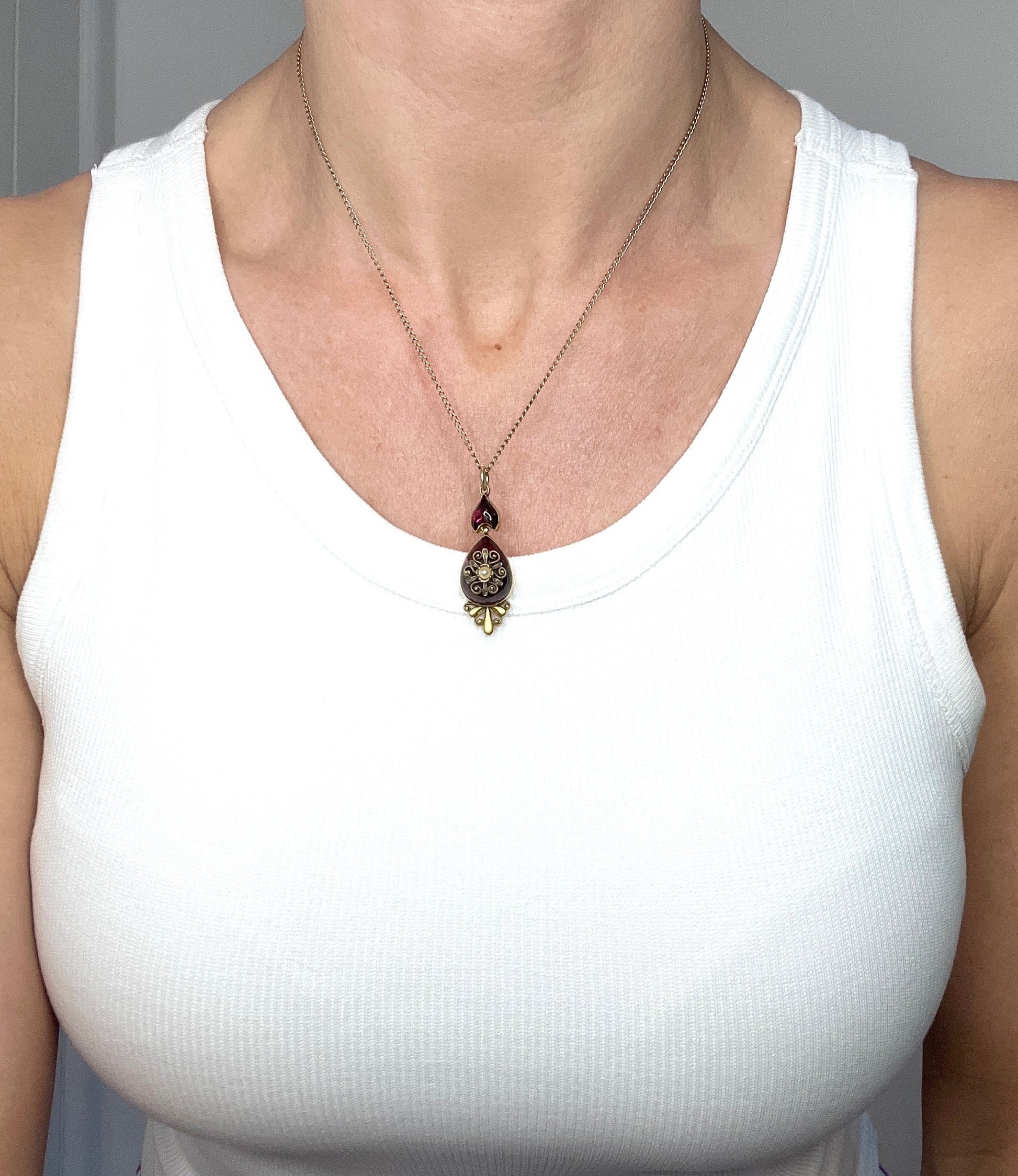 Victorian 15 Carat Gold Cabochon Garnet, Diamond and Seed Pearl Pendant, Circa 1860