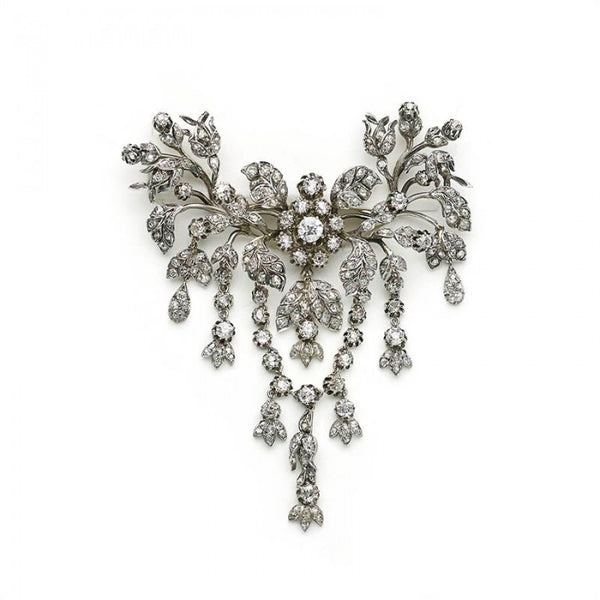 Diamond And Silver Flower Spray Swag Brooch