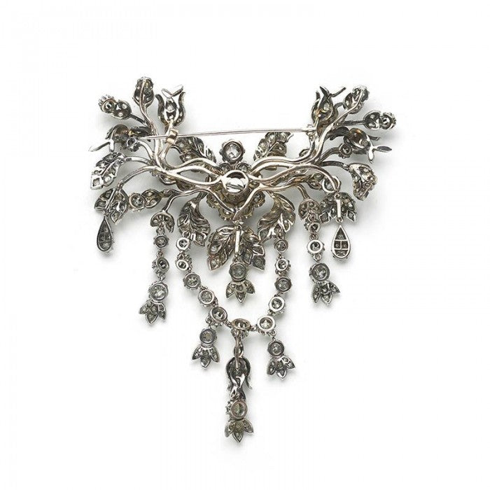 Diamond And Silver Flower Spray Swag Brooch