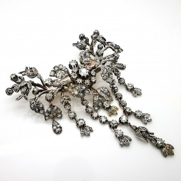Diamond And Silver Flower Spray Swag Brooch