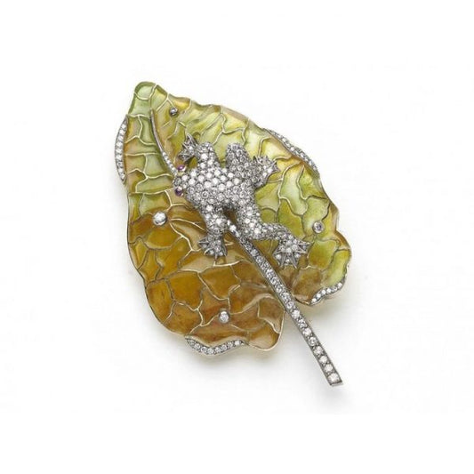 DIAMOND SET FROG ON LEAF BROOCH