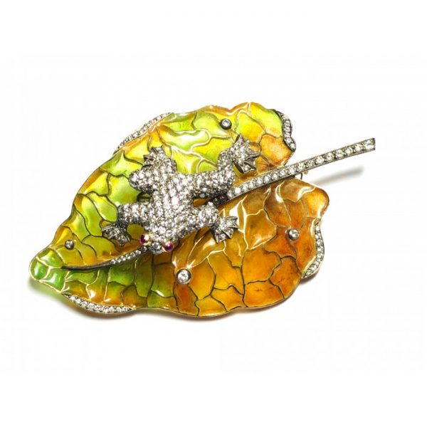 Diamond Set Frog On Leaf Brooch