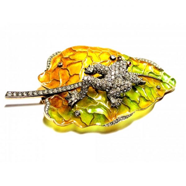 Diamond Set Frog On Leaf Brooch