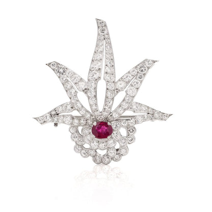 0.91ct Ruby and Diamond Cluster Brooch in Platinum, 4.62 carats