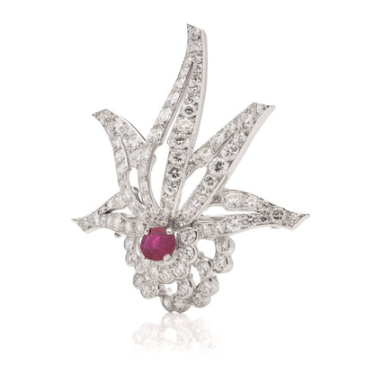 0.91ct Ruby and Diamond Cluster Brooch in Platinum, 4.62 carats
