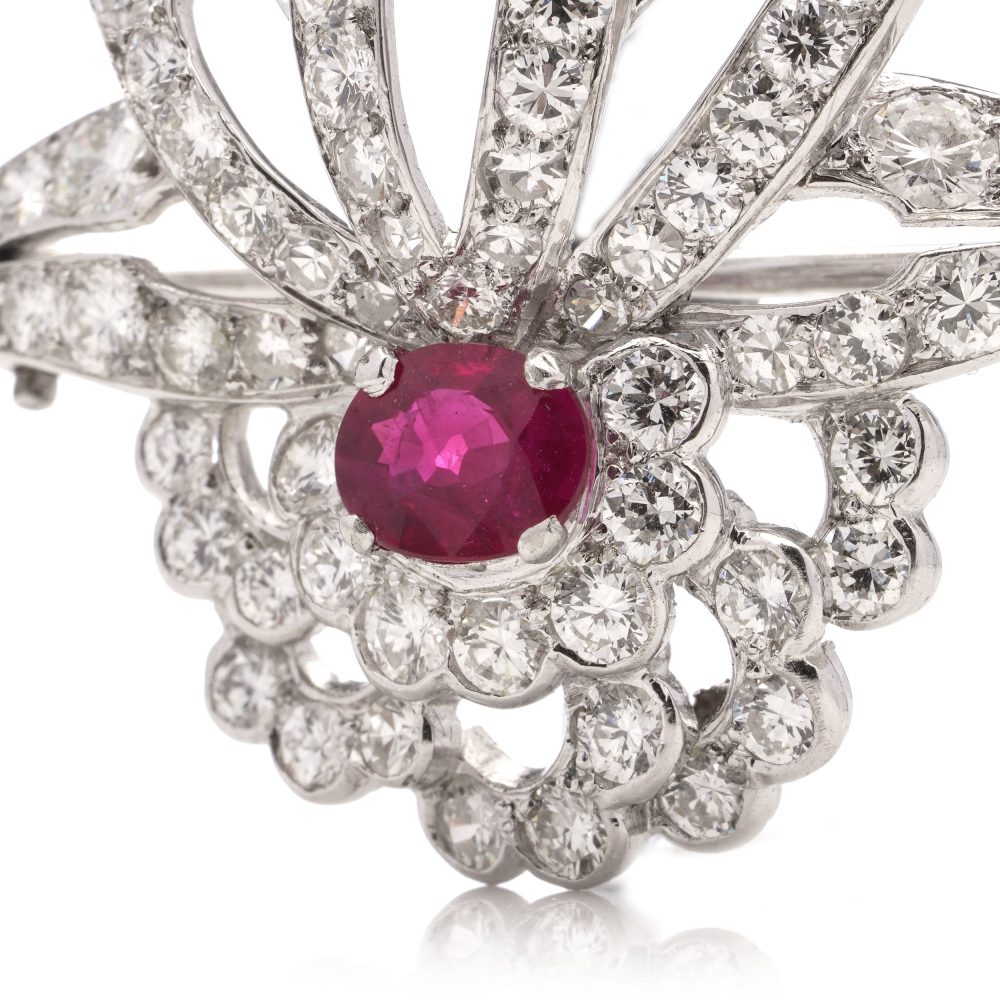 0.91ct Ruby and Diamond Cluster Brooch in Platinum, 4.62 carats