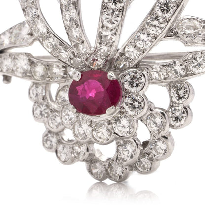 0.91ct Ruby and Diamond Cluster Brooch in Platinum, 4.62 carats