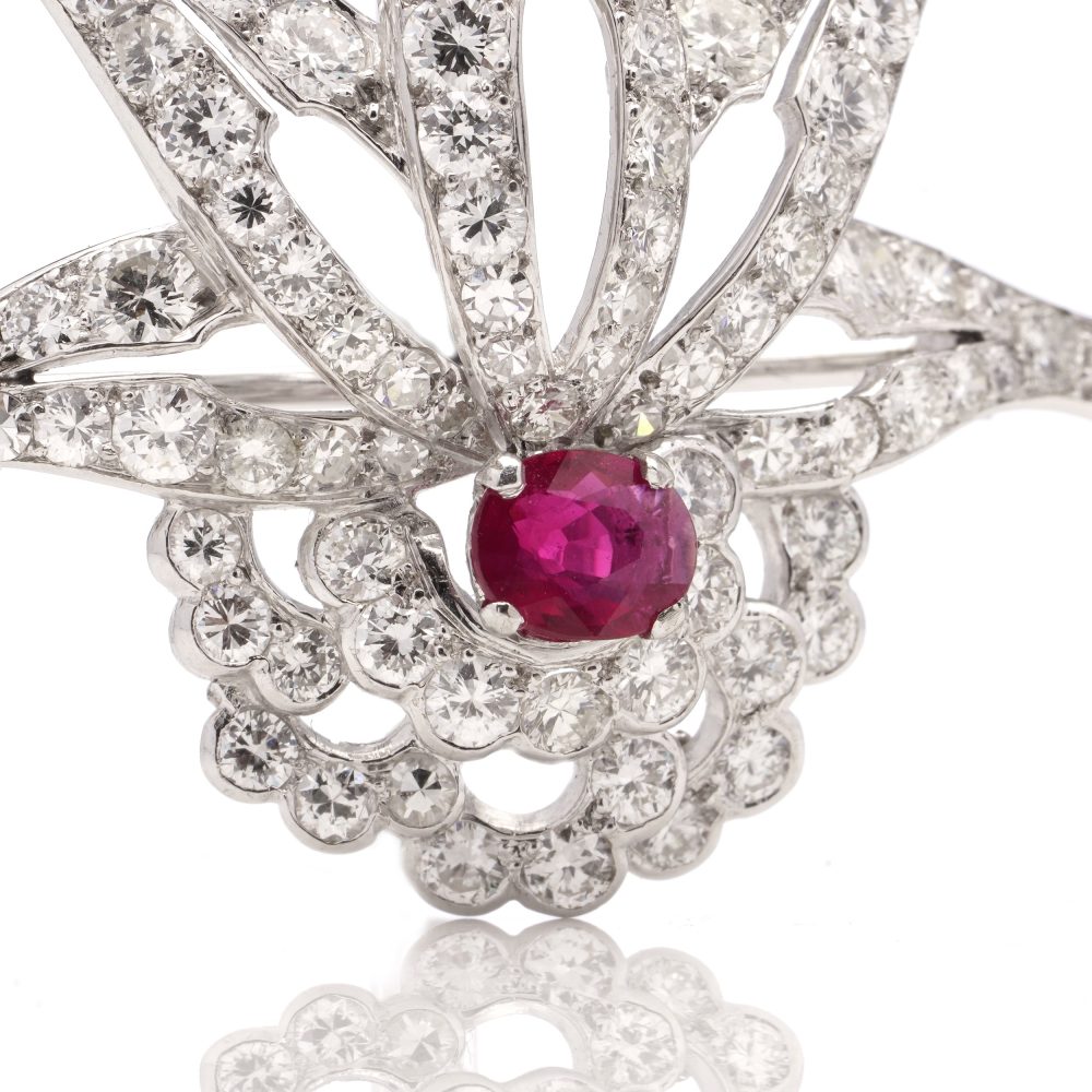 0.91ct Ruby and Diamond Cluster Brooch in Platinum, 4.62 carats