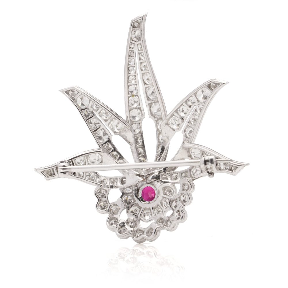 0.91ct Ruby and Diamond Cluster Brooch in Platinum, 4.62 carats
