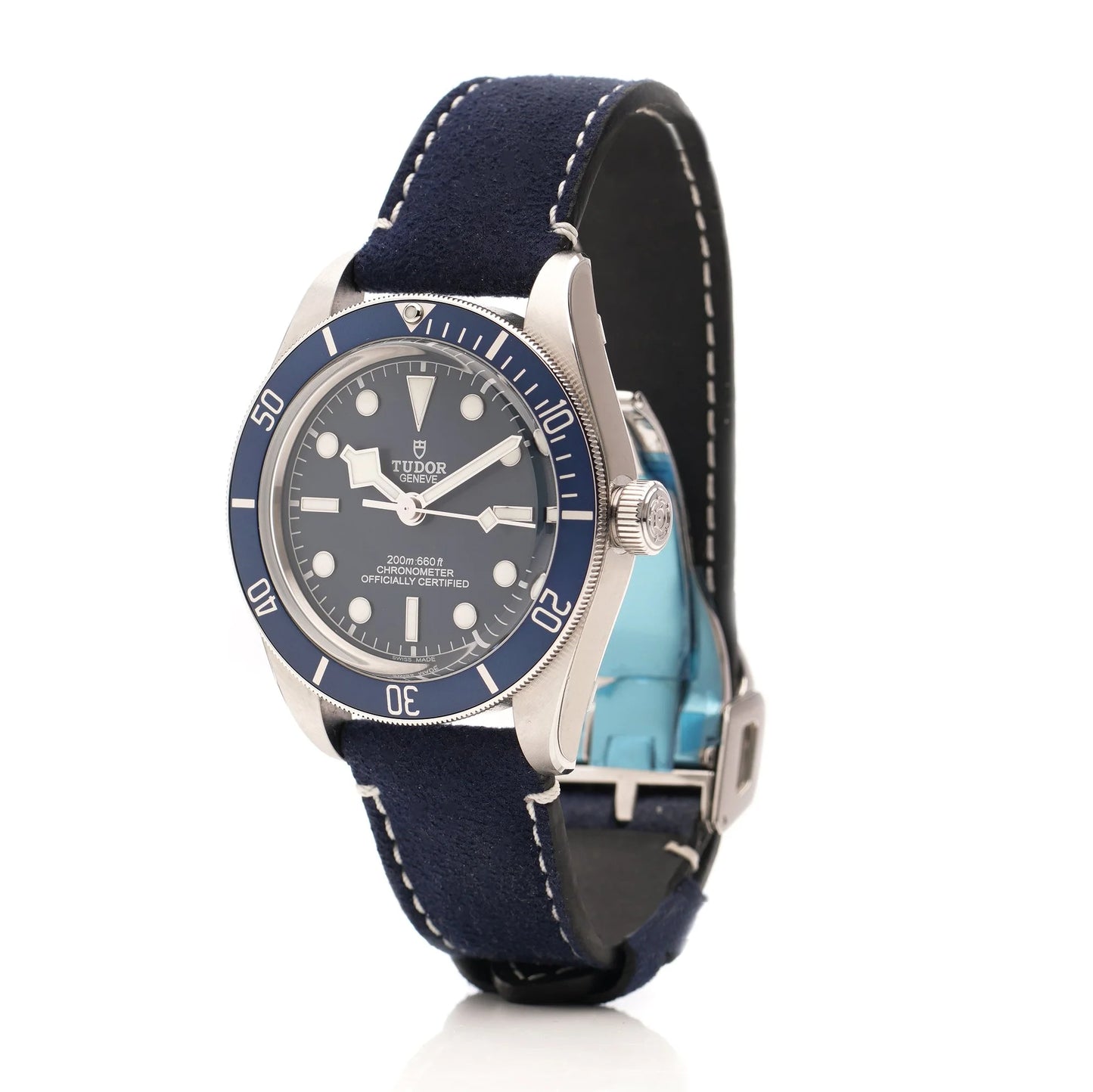 Tudor Geneve Chronometer wristwatch with navy blue dial, bezel and strap on a white background
