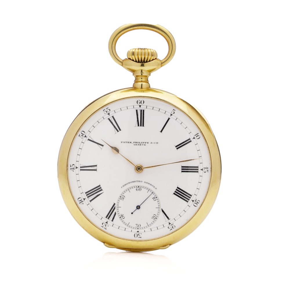 Antique Patek Philippe Chronometro Gondolo 18ct Yellow Gold Open Face Pocket Watch. Made in Switzerland, Circa 1900s