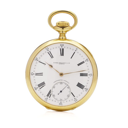 Antique Patek Philippe Chronometro Gondolo 18ct Yellow Gold Open Face Pocket Watch. Made in Switzerland, Circa 1900s