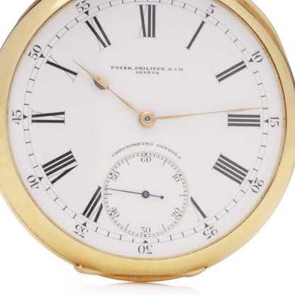 Antique Patek Philippe Chronometro Gondolo 18ct Yellow Gold Open Face Pocket Watch. Made in Switzerland, Circa 1900s