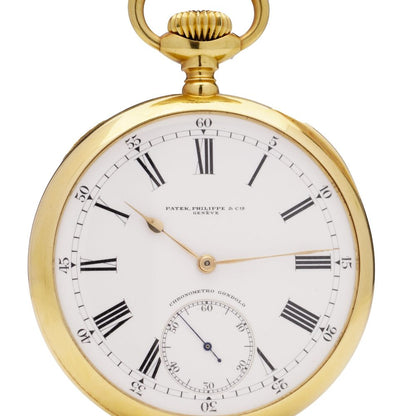 Antique Patek Philippe Chronometro Gondolo 18ct Yellow Gold Open Face Pocket Watch. Made in Switzerland, Circa 1900s