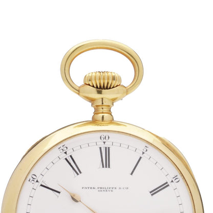 Antique Patek Philippe Chronometro Gondolo 18ct Yellow Gold Open Face Pocket Watch. Made in Switzerland, Circa 1900s