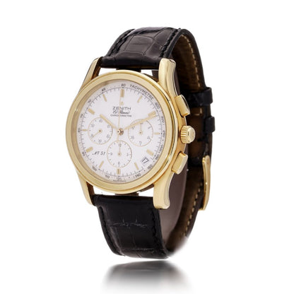 Vintage Zenith El Primero limited edition gold wristwatch with automatic calendar and black crocodile leather strap.