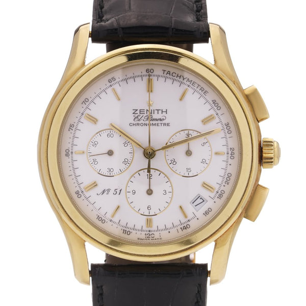 Vintage Zenith El Primero limited edition gold wristwatch with automatic calendar and black crocodile leather strap.