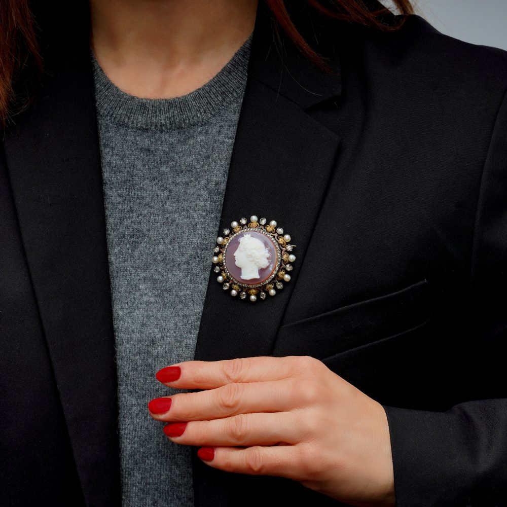 Victorian carnelian cameo diamond and pearl brooch in 18 carat gold.