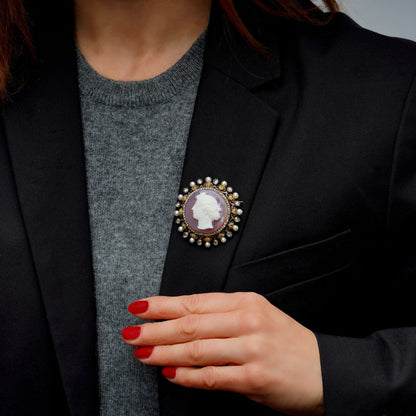 Victorian carnelian cameo diamond and pearl brooch in 18 carat gold.