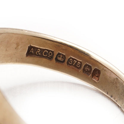 Vintage Masonic 9ct Yellow Gold Swivel Signet Ring, blue enamel freemason emblem of compass and ruler to the front swivel and engraved letter N to reverse, Circa 1977