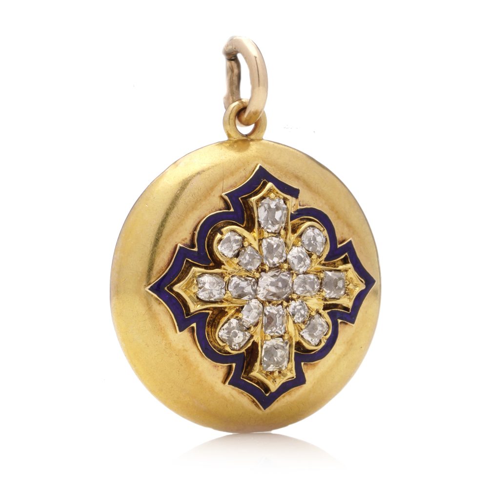 Victorian Antique Gold Locket Pendant with Blue Enamel and Old Mine Cut Diamonds