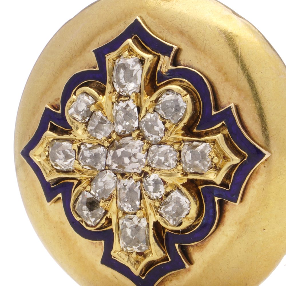 Victorian Antique Gold Locket Pendant with Blue Enamel and Old Mine Cut Diamonds
