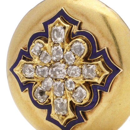 Victorian Antique Gold Locket Pendant with Blue Enamel and Old Mine Cut Diamonds