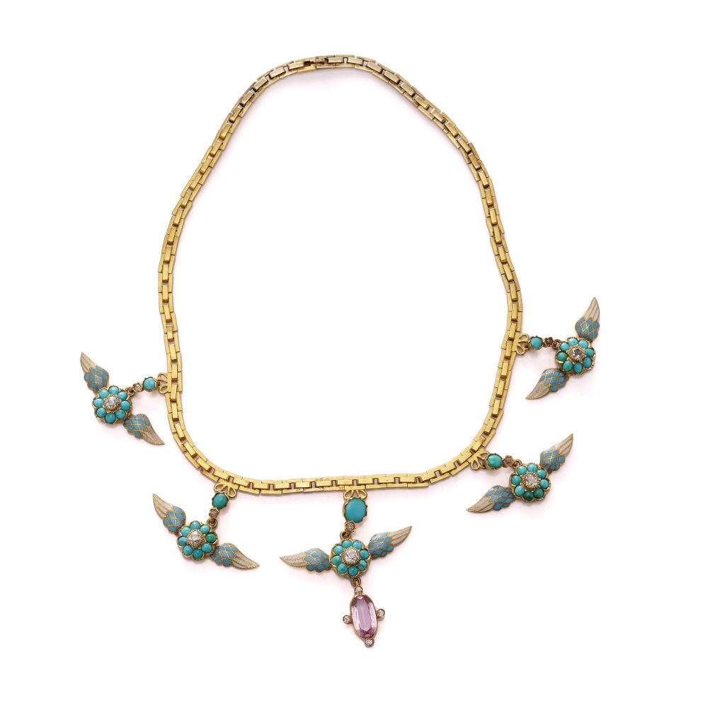 Victorian Antique Gold and Enamel Necklace with Diamond Turquoise Pink Tourmaline