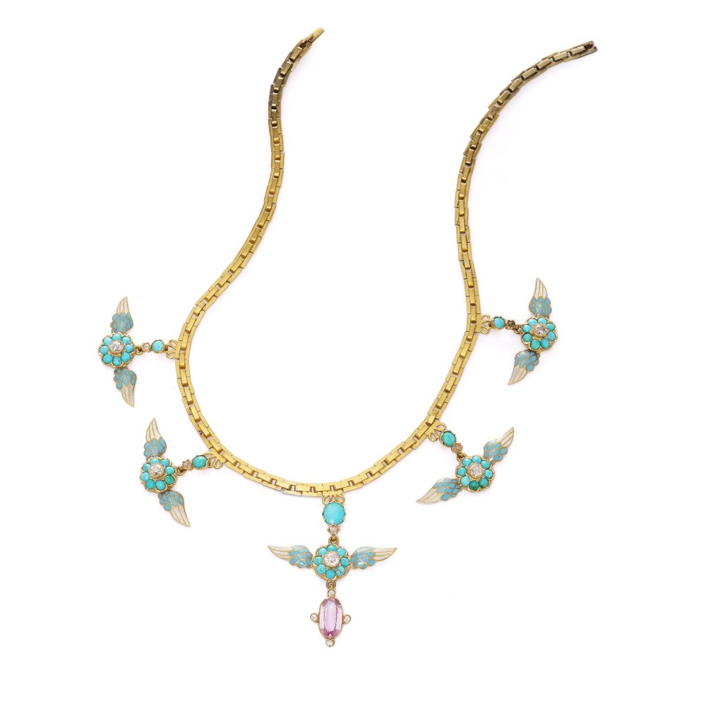 Victorian Antique Gold and Enamel Necklace with Diamond Turquoise Pink Tourmaline