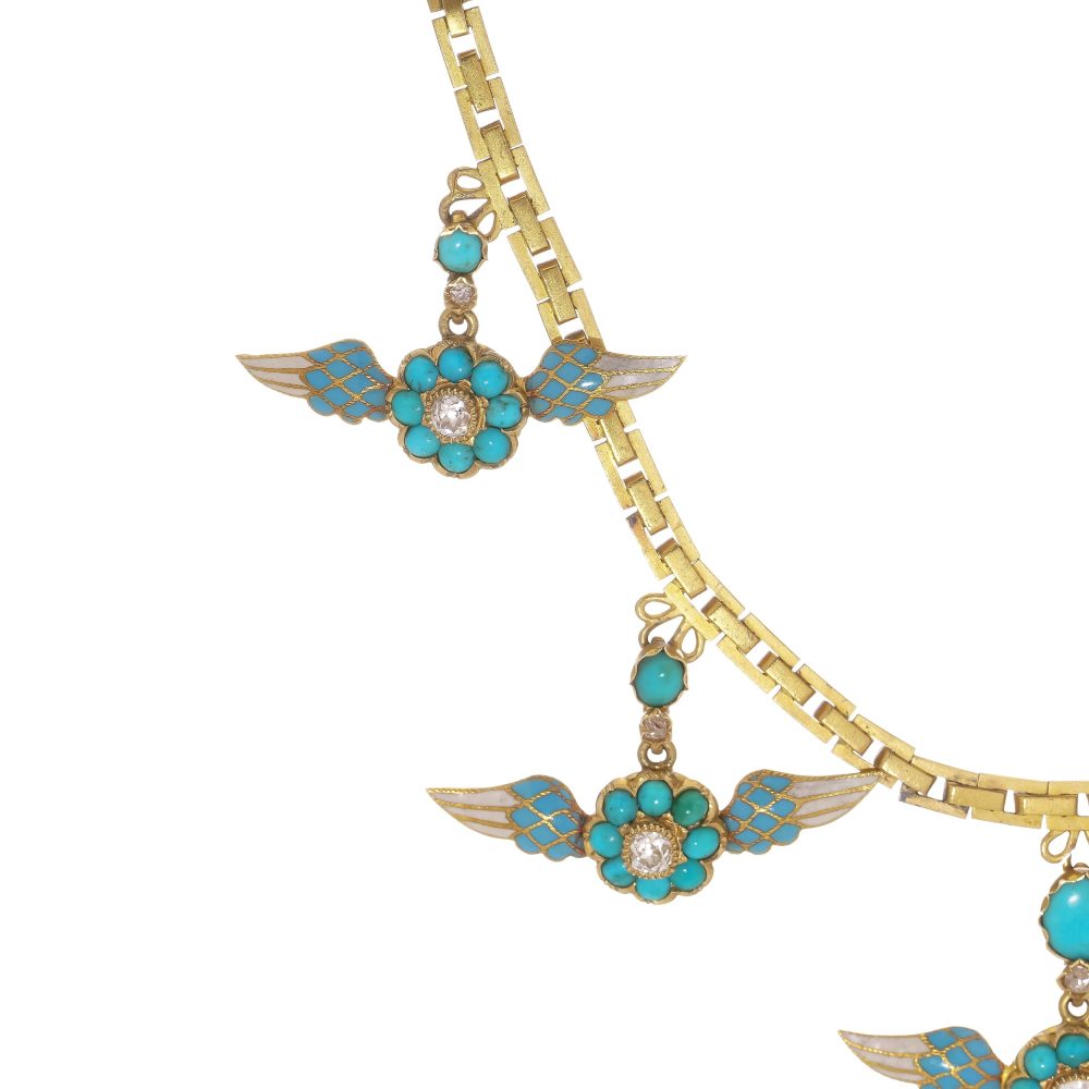 Victorian Antique Gold and Enamel Necklace with Diamond Turquoise Pink Tourmaline