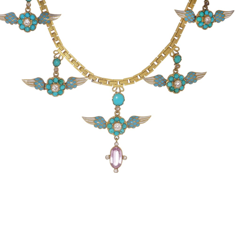 Victorian Antique Gold and Enamel Necklace with Diamond Turquoise Pink Tourmaline