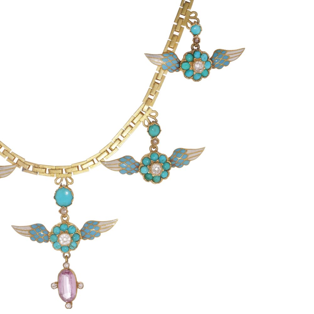 Victorian Antique Gold and Enamel Necklace with Diamond Turquoise Pink Tourmaline