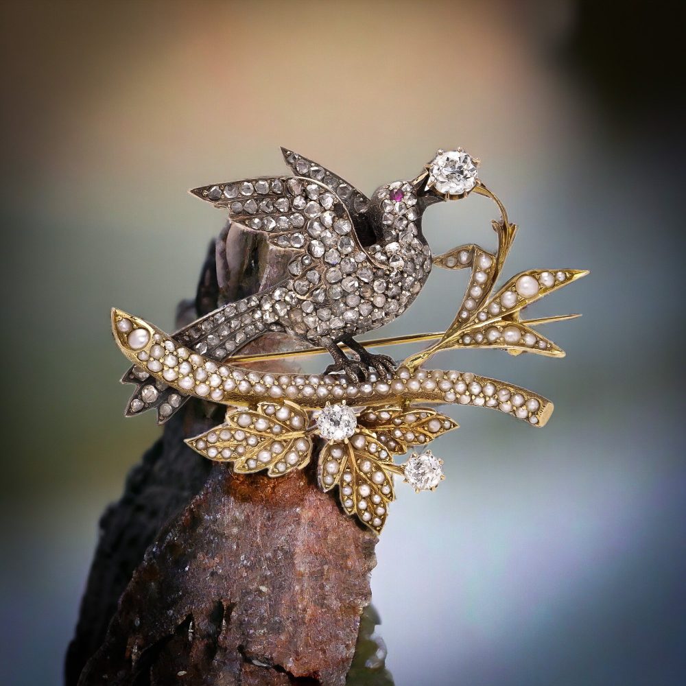 Victorian Antique 4.14ct Old Cut and Rose Cut Diamond and Seed Pearl Bird Brooch